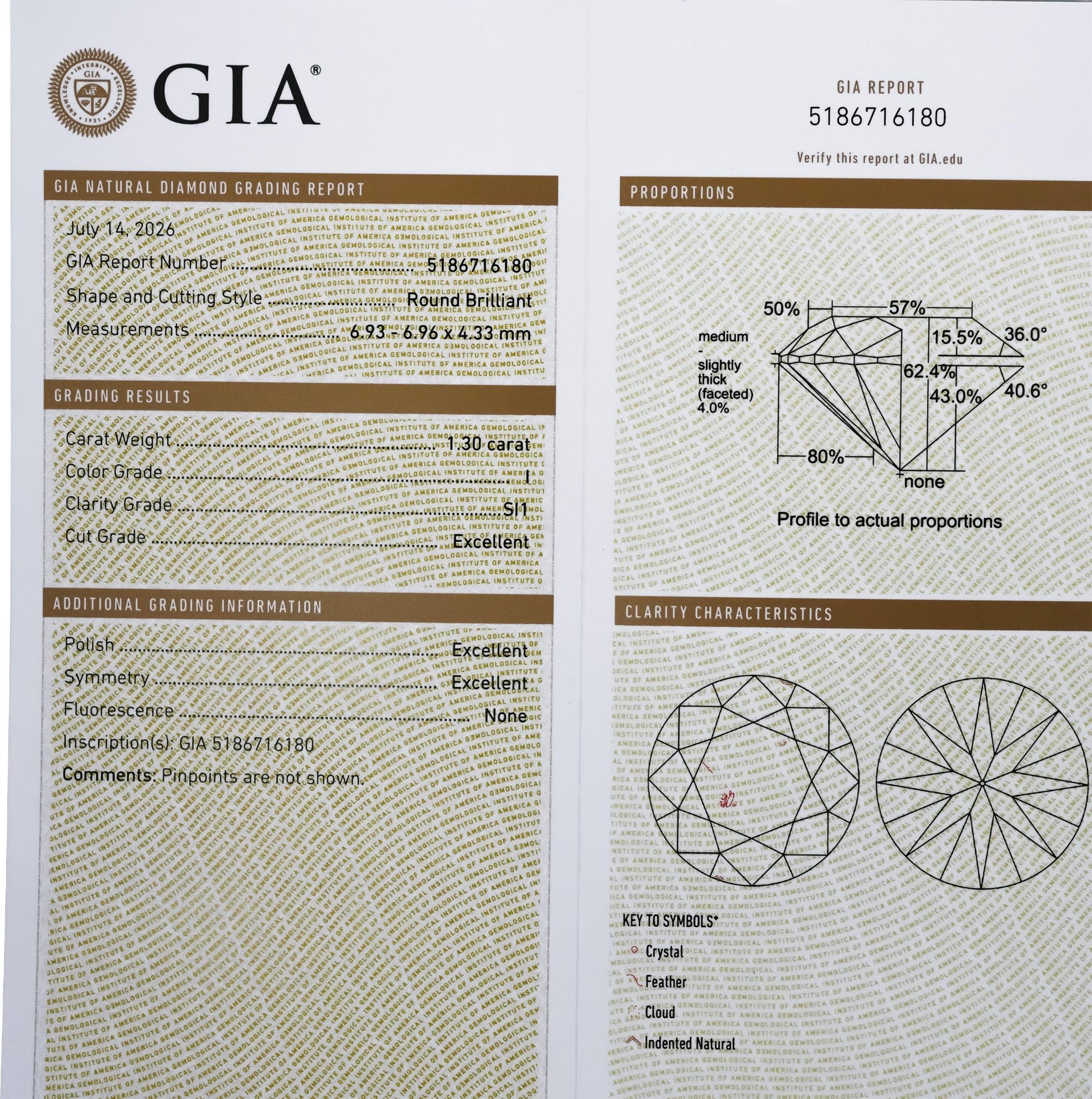 GIA Certified SI1/I Round Cut Natural Diamond Loose Stone 1.30CT