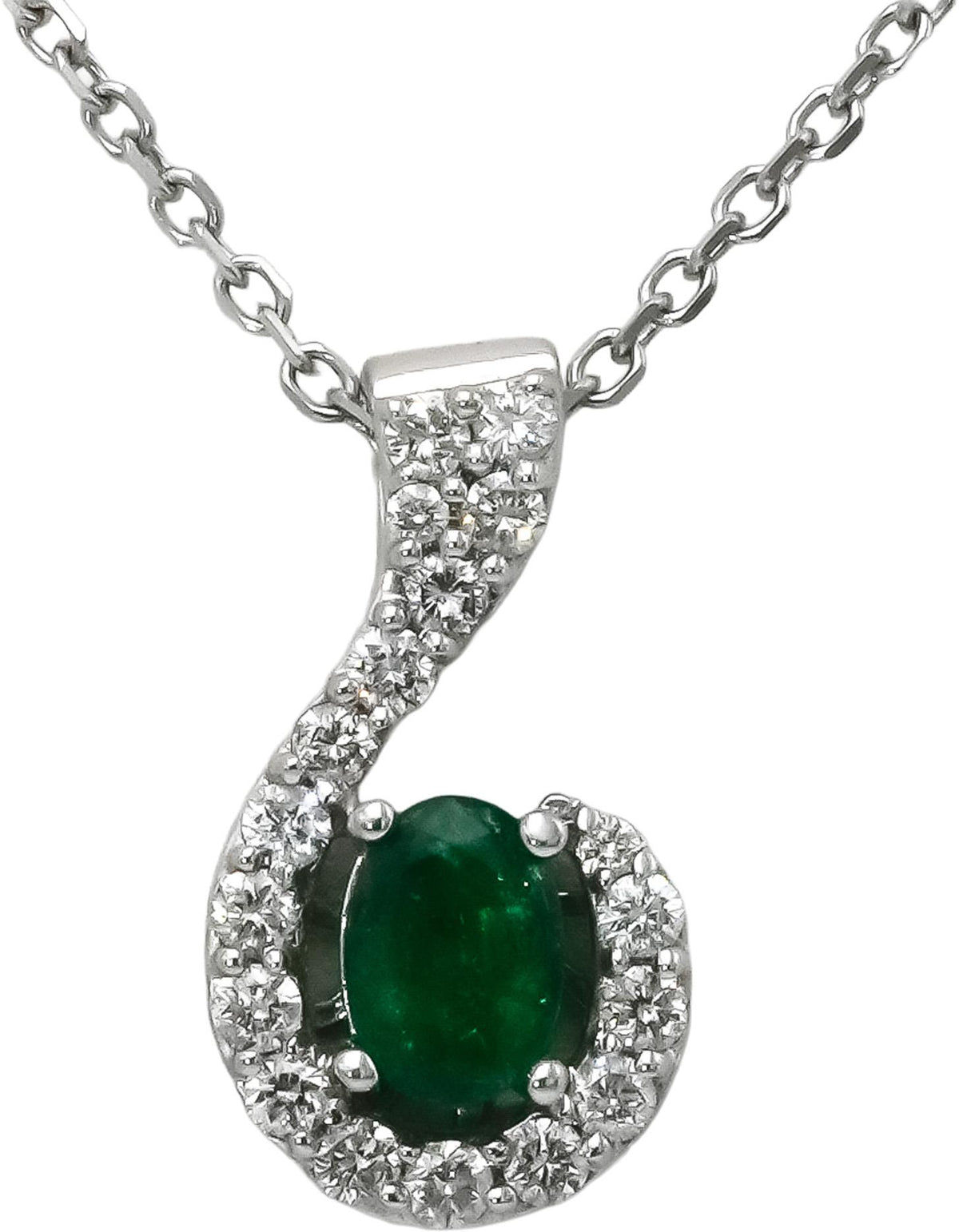 14k White Gold Diamond and Emerald Pendant Necklace 1.15CT