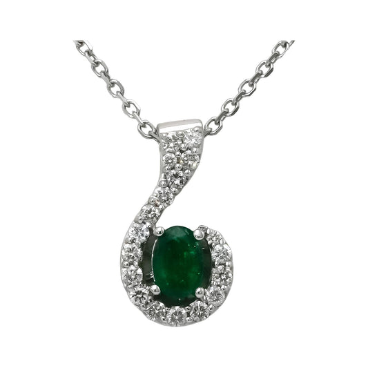 14k White Gold Diamond and Emerald Pendant Necklace 1.15CT