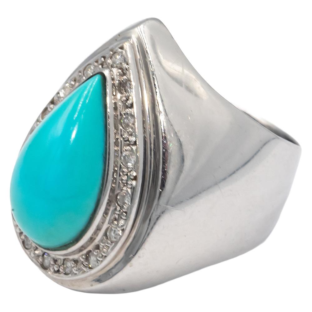 14k White Gold Round Diamond & Cabochon Turquoise Cocktail Ring 0.15CT Size 5.5