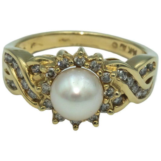 14k Yellow Gold 0.40CT Diamond and 7mm Pearl Cocktail Ring Size 7
