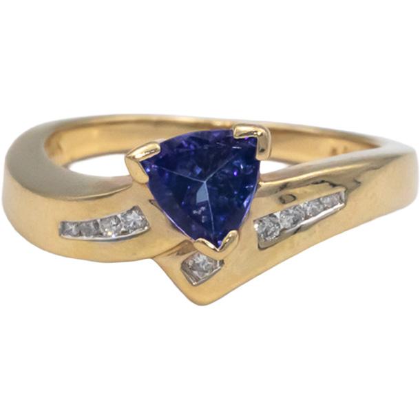 Vintage 14k Yellow Gold Round Diamond and Trillion Tanzanite Ring 0.56CT Size 7