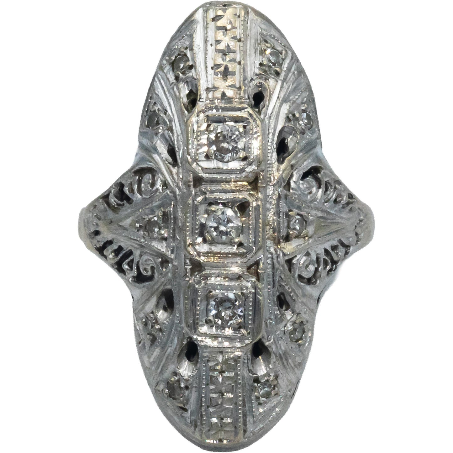 Vintage Antique 14k White Gold 0.25CT VS Diamond Filigree Cocktail Ring Size 5.5