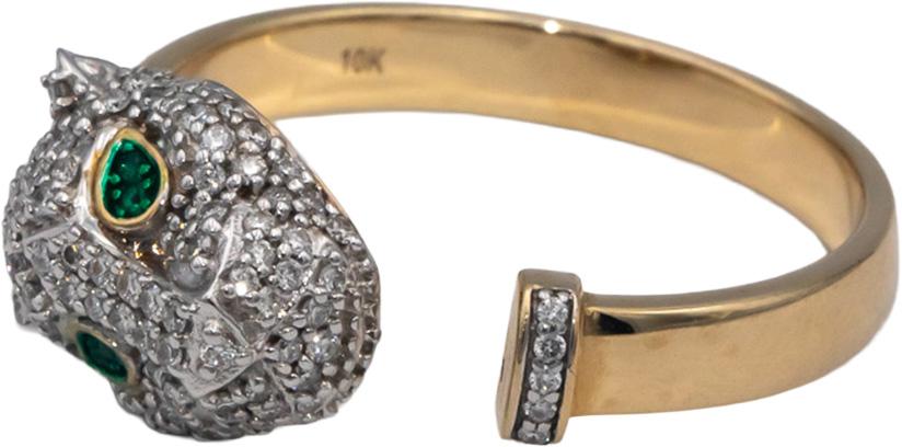 10k Yellow Gold 0.40CT Diamond Panther Head Ring w/ Emerald Eye Accents Size 10