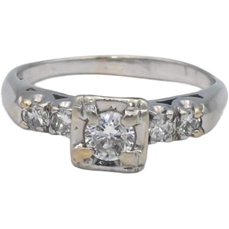 Vintage Antique 14k White Gold 0.50CT Diamond Ring w/ 0.20CT Center Size 7