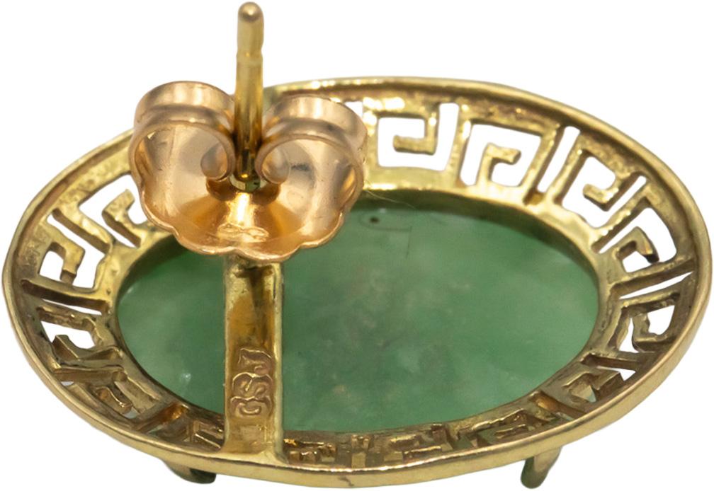 14k Yellow Gold 8.0CT Cabochon Cut Jade Greek Key Stud Earrings