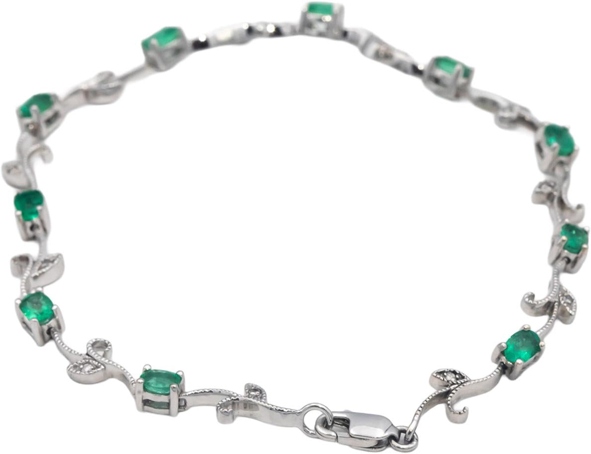 14k White Gold Diamond and Emerald Fancy Floral Link Bracelet 1.56CT