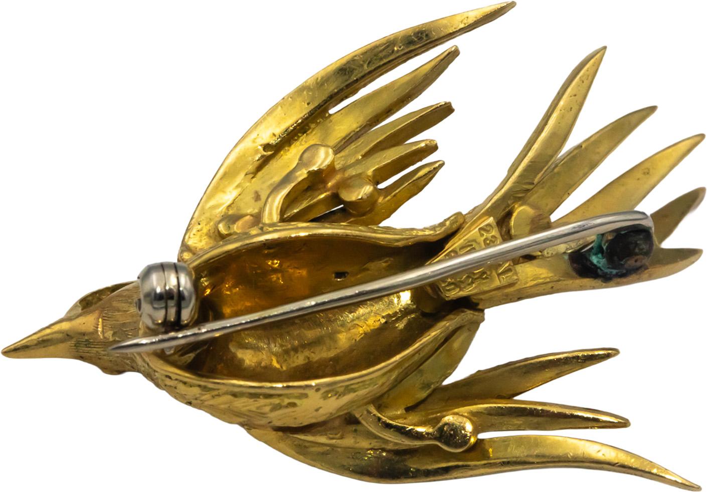 Italy 18k Yellow Gold Jewelry Enamel Textured Dove Bird Brooch Pin