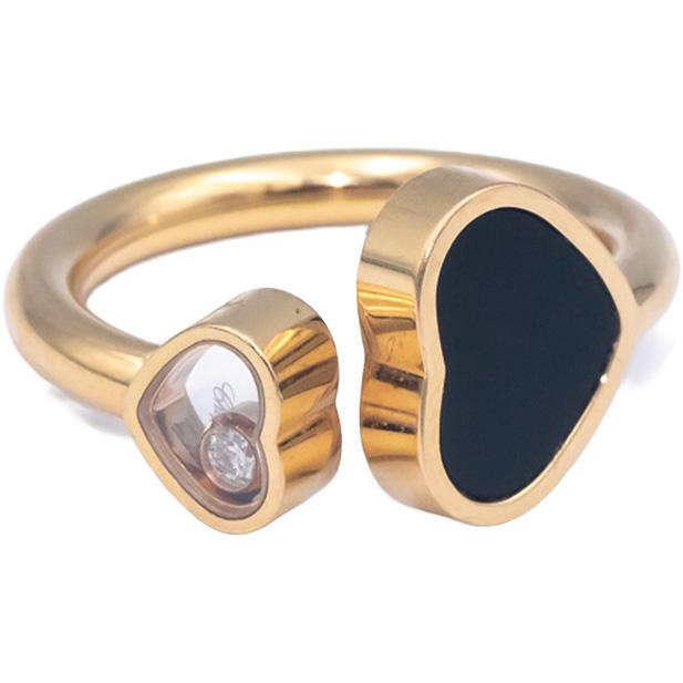 CHOPARD Happy Hearts 18k Rose Gold Diamond and Onyx Ring 0.04CT Size 5.25