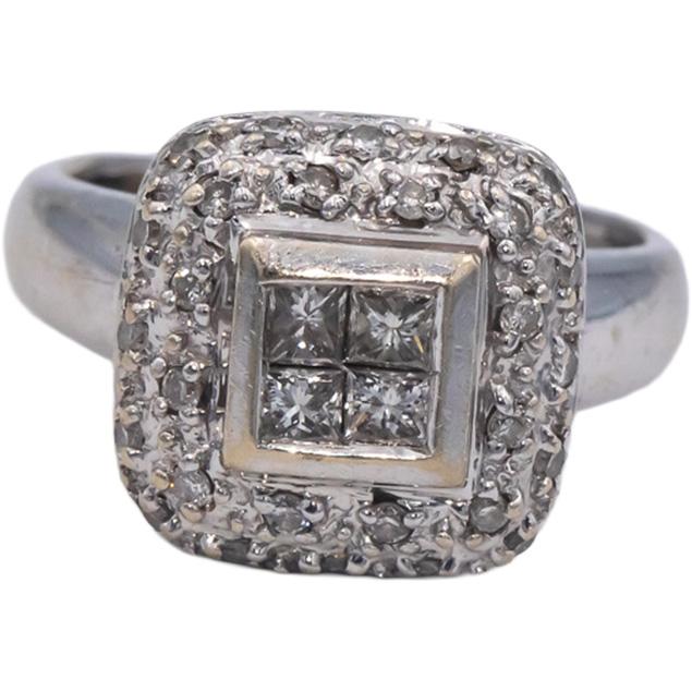 14k White Gold Round & Princess Cut Diamond Cluster Ring 0.40CT Size 4.75