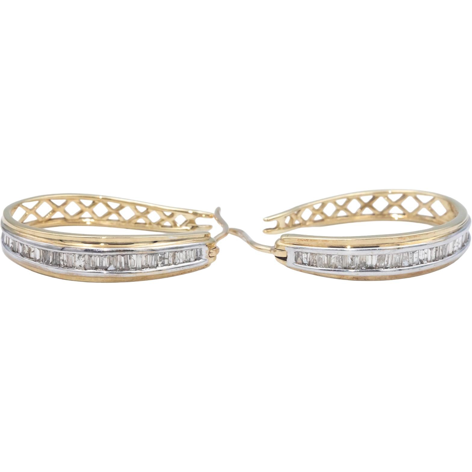 10k Yellow & White Gold Jewelry 1.01CT Baguette Cut Diamond Hoop Earrings