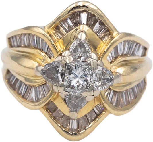 14k Yellow Gold VS Princess Trillion Baguette Diamond Cocktail Ring 2.0CT Size 7