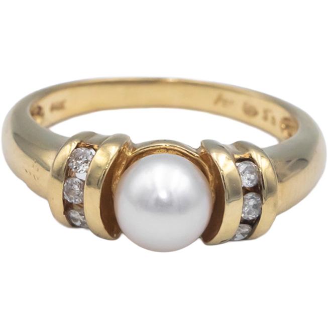 14k Yellow Gold 0.10CT Diamond & 6.4mm Pearl Cocktail Ring Size 7