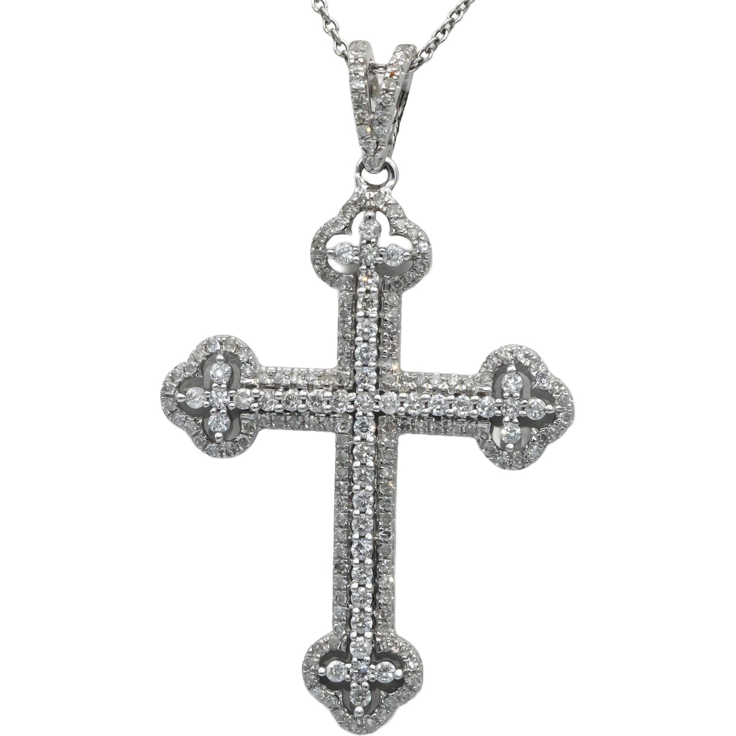 14k White Gold 1.0CT Round Cut Diamond Cross Crucifix Pendant Necklace Chain