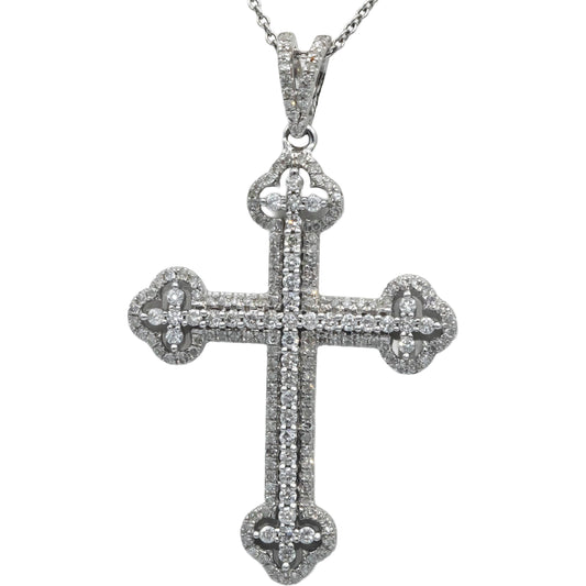 14k White Gold 1.0CT Round Cut Diamond Cross Crucifix Pendant Necklace Chain