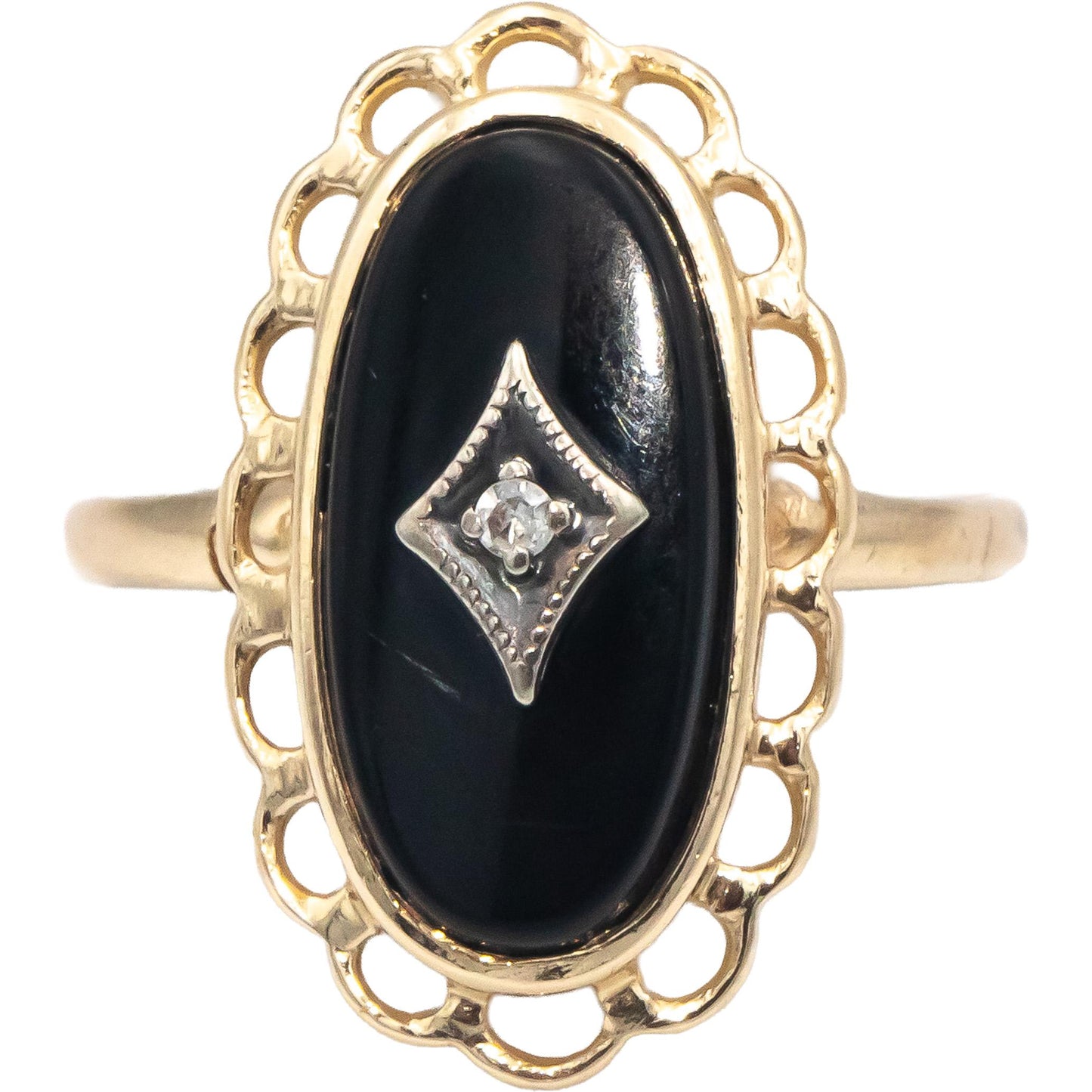 10k Yellow & White Gold Black Onyx Cocktail Ring Size 7 w/ Diamond Accent