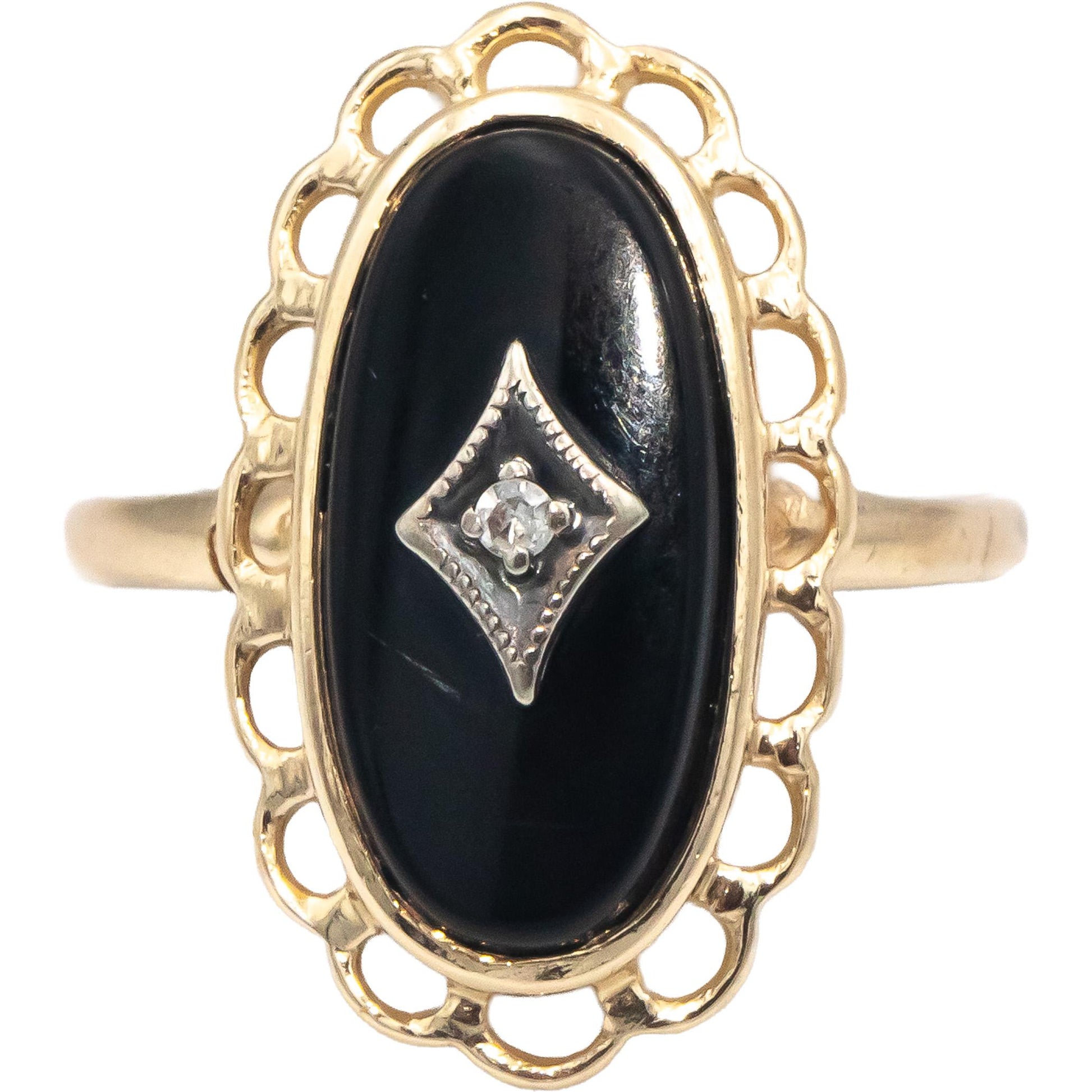 10k Yellow & White Gold Black Onyx Cocktail Ring Size 7 w/ Diamond Accent