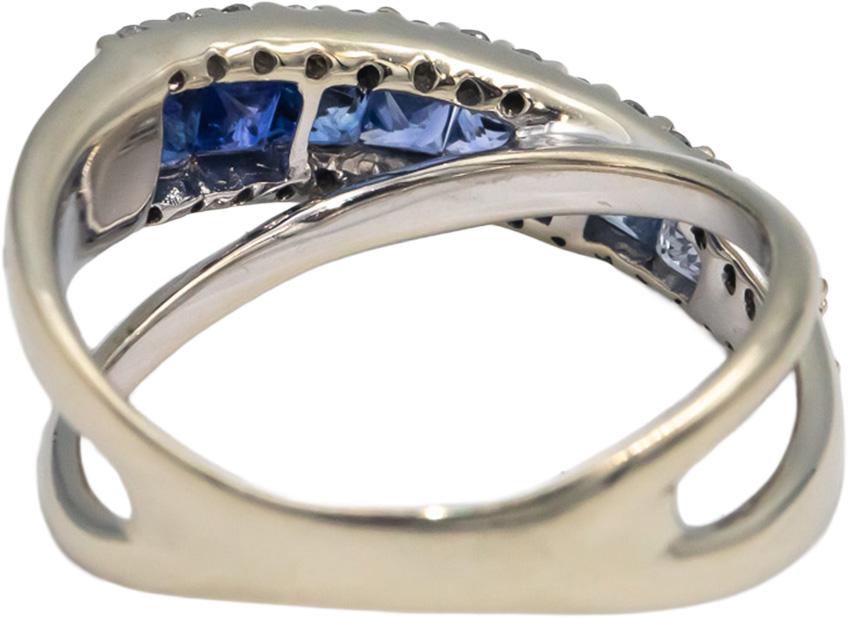 Diamond & Blue Sapphire 14k White Gold Crossover Band Ring 0.90CT Size 6.75
