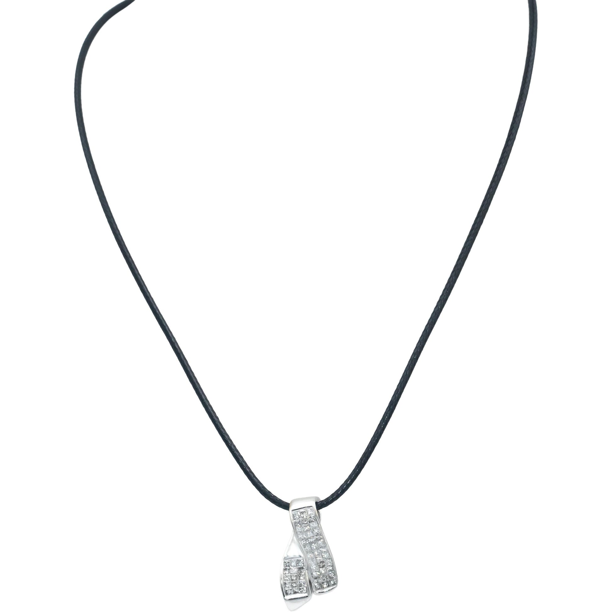14k White Gold Diamond Princess Cut Invisible Set Slide Pendant Necklace 1.0CT