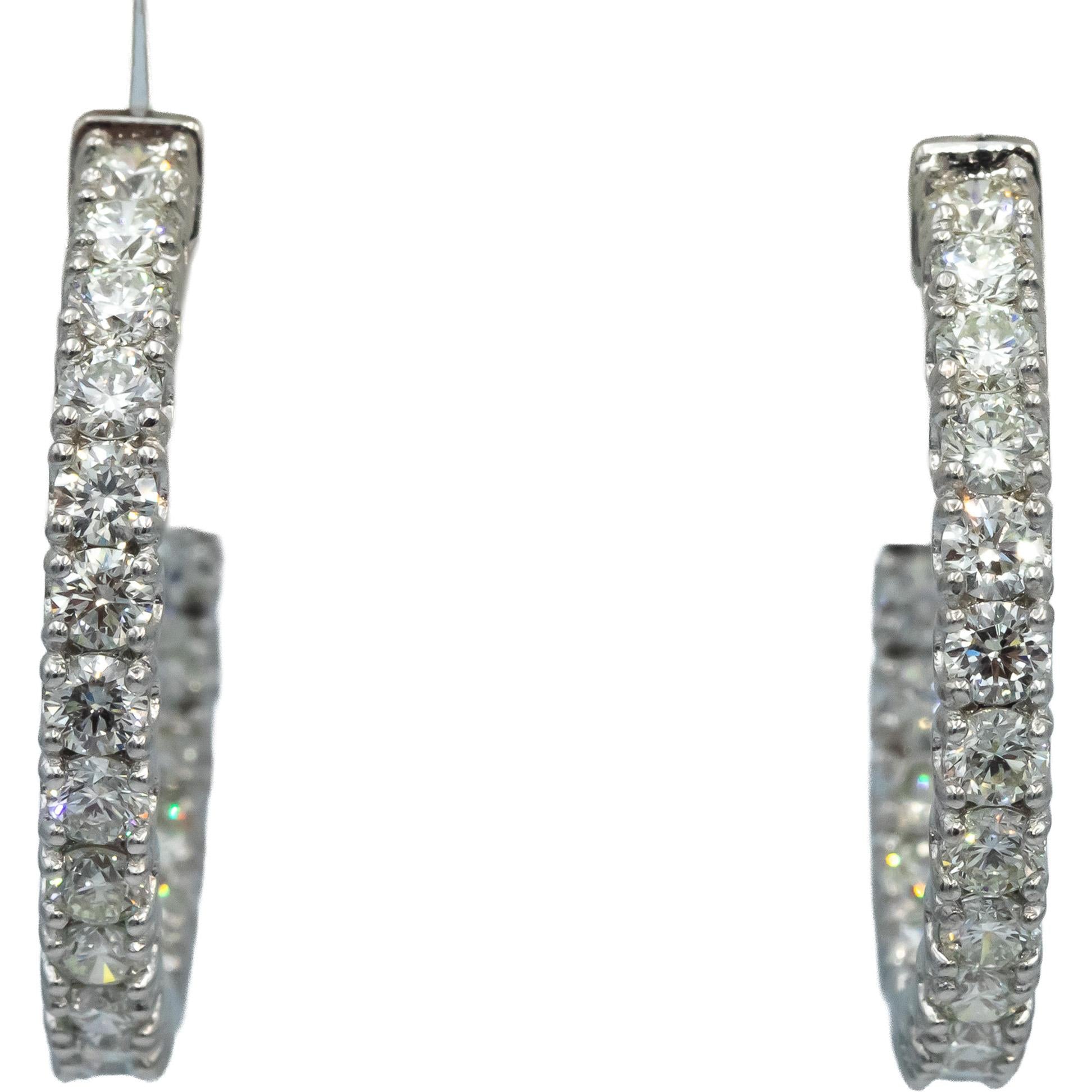 14k White Gold Round Diamond Inside Out Circle Hoop Earrings 4.44CT