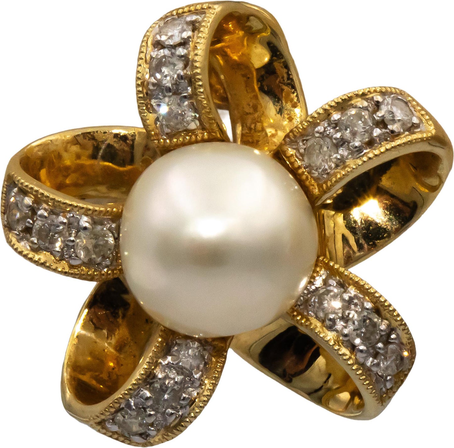 14k Yellow Gold Round Diamond & 8mm Pearl Floral Ribbon Earrings 0.25CT