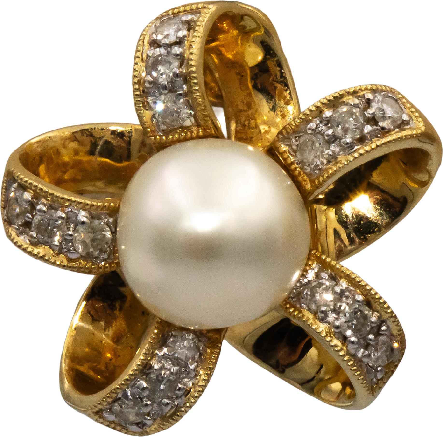 14k Yellow Gold Round Diamond & 8mm Pearl Floral Ribbon Earrings 0.25CT