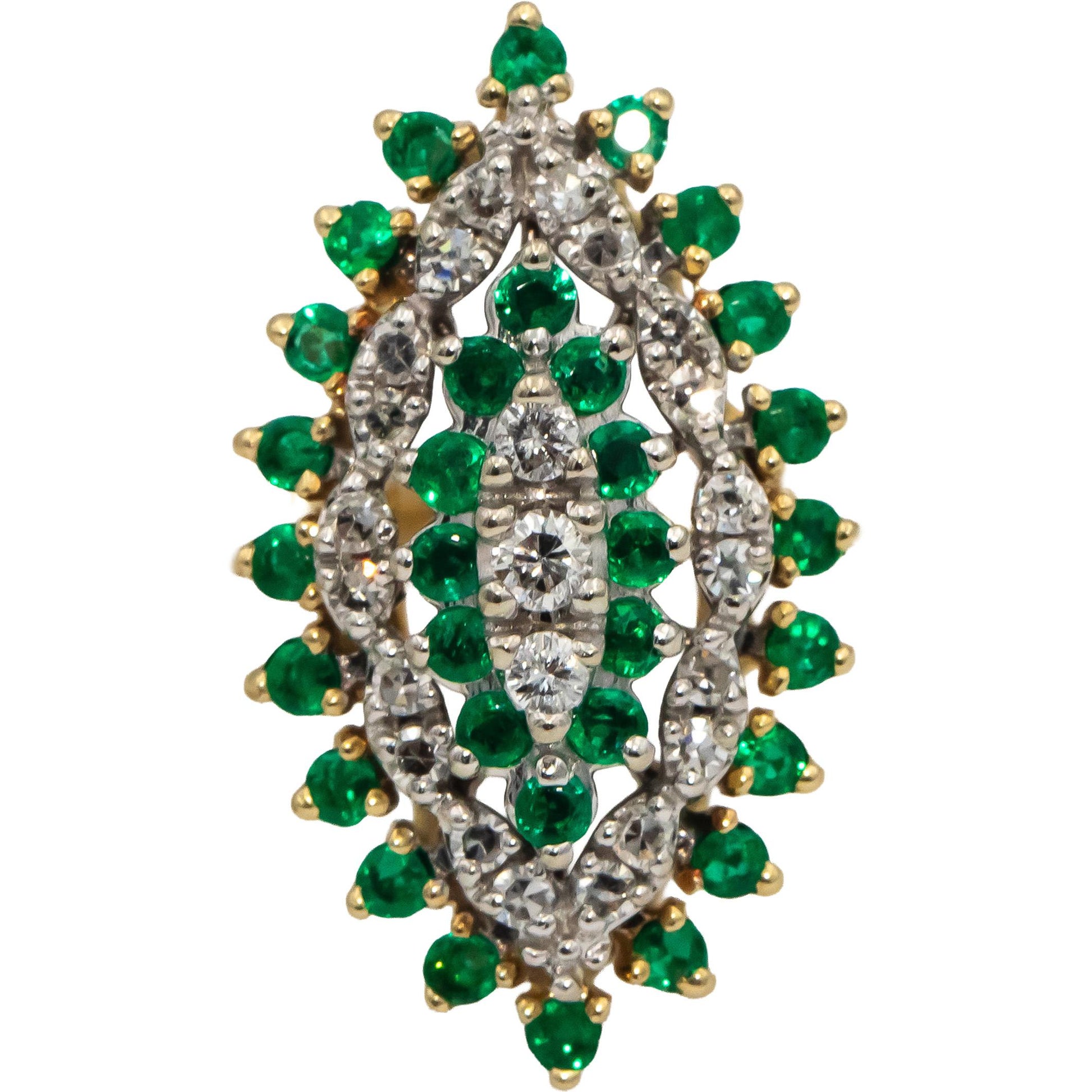 14k Yellow White Gold Round Diamond Emerald Cluster Cocktail Ring 1.05CT Sz. 6.5