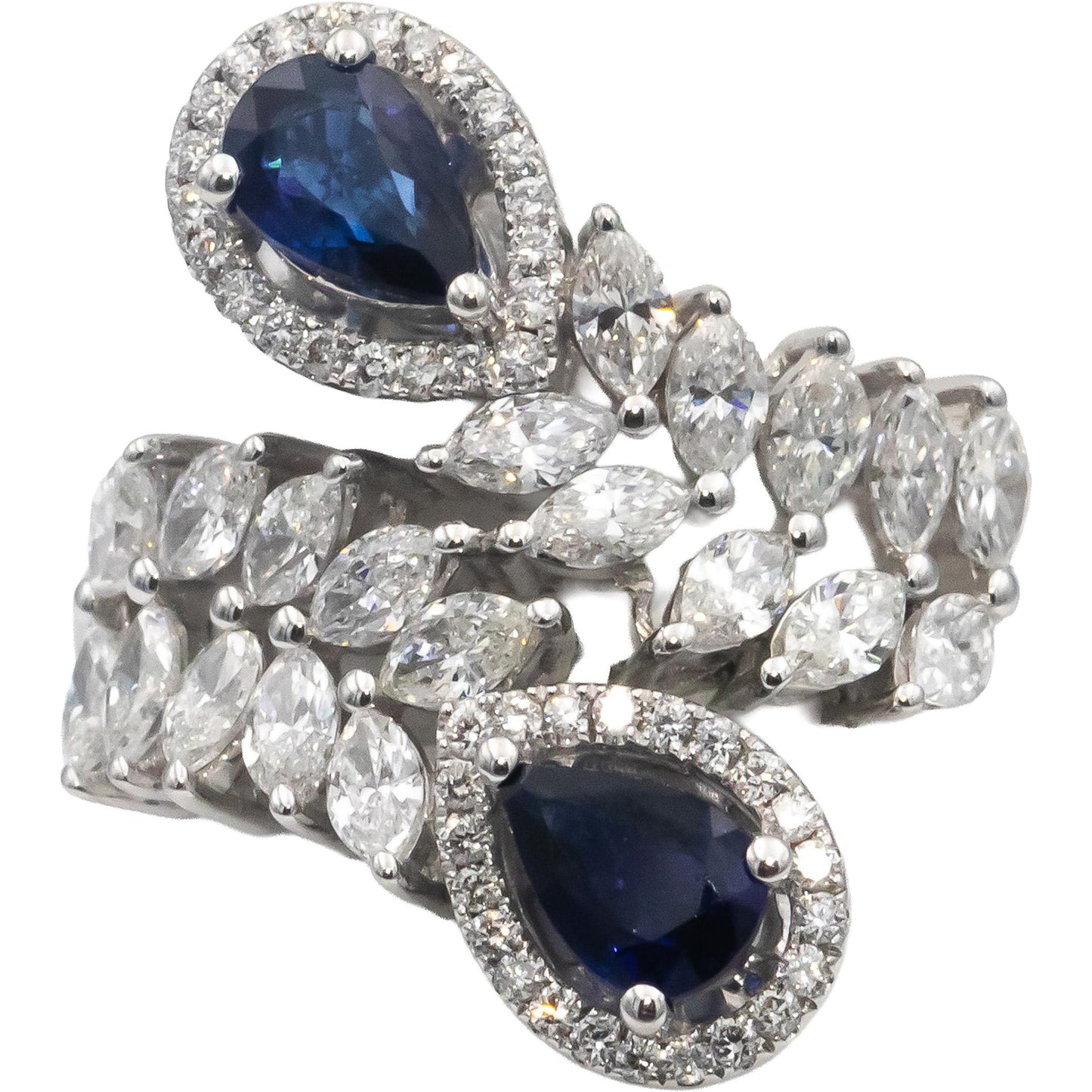 18k White Gold Blue Sapphire & VS Diamond By Pass Cocktail Ring 2.0CT Size 6.5