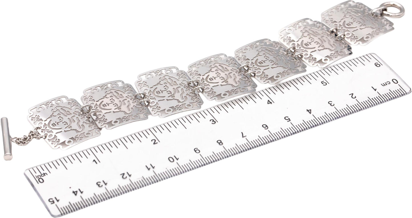 18k White Gold Fancy Panel Link Faces Bracelet w/ Toggle Clasp