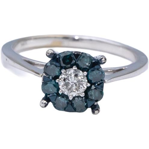 14k White Gold Round White and Blue Diamond Cluster Cocktail Ring 0.50CT Size 7