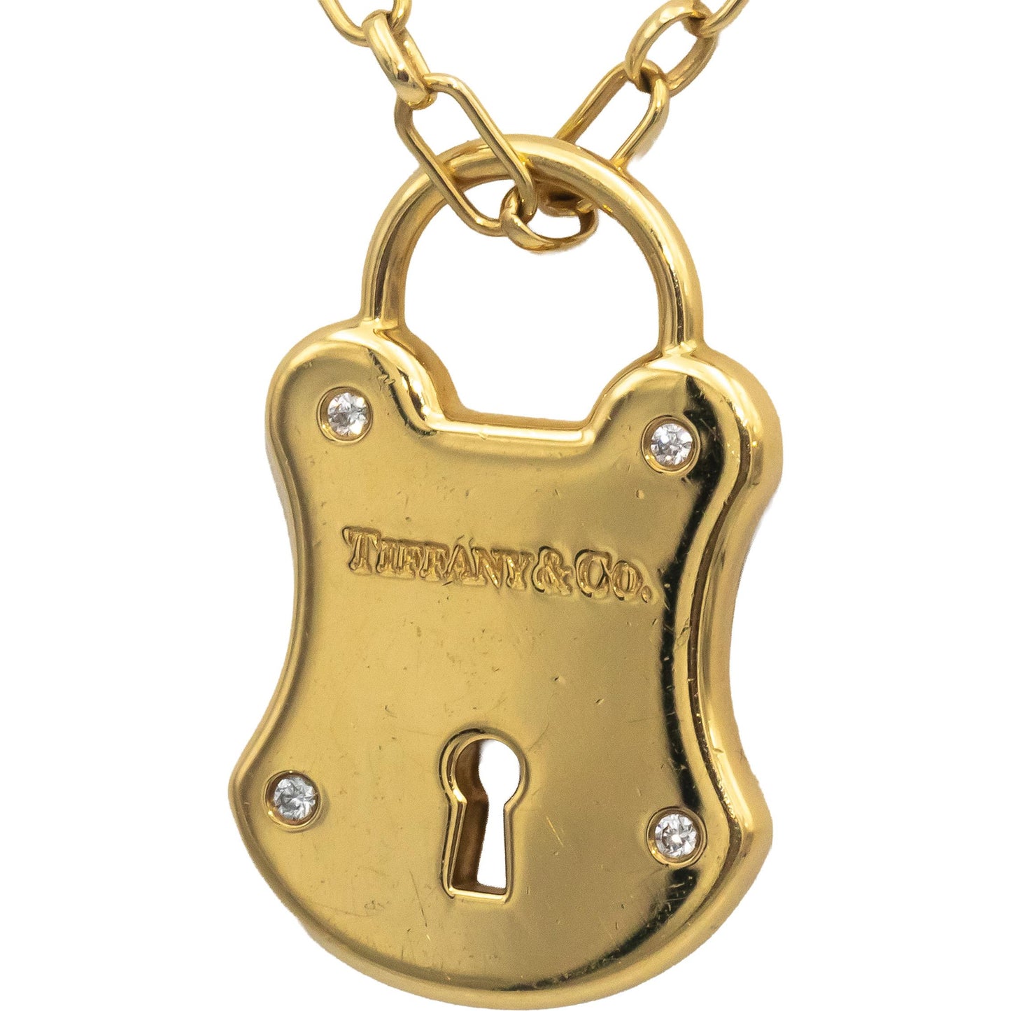 TIFFANY & CO. 18k Yellow Gold Round VS Diamond Padlock Pendant Necklace 0.06CT