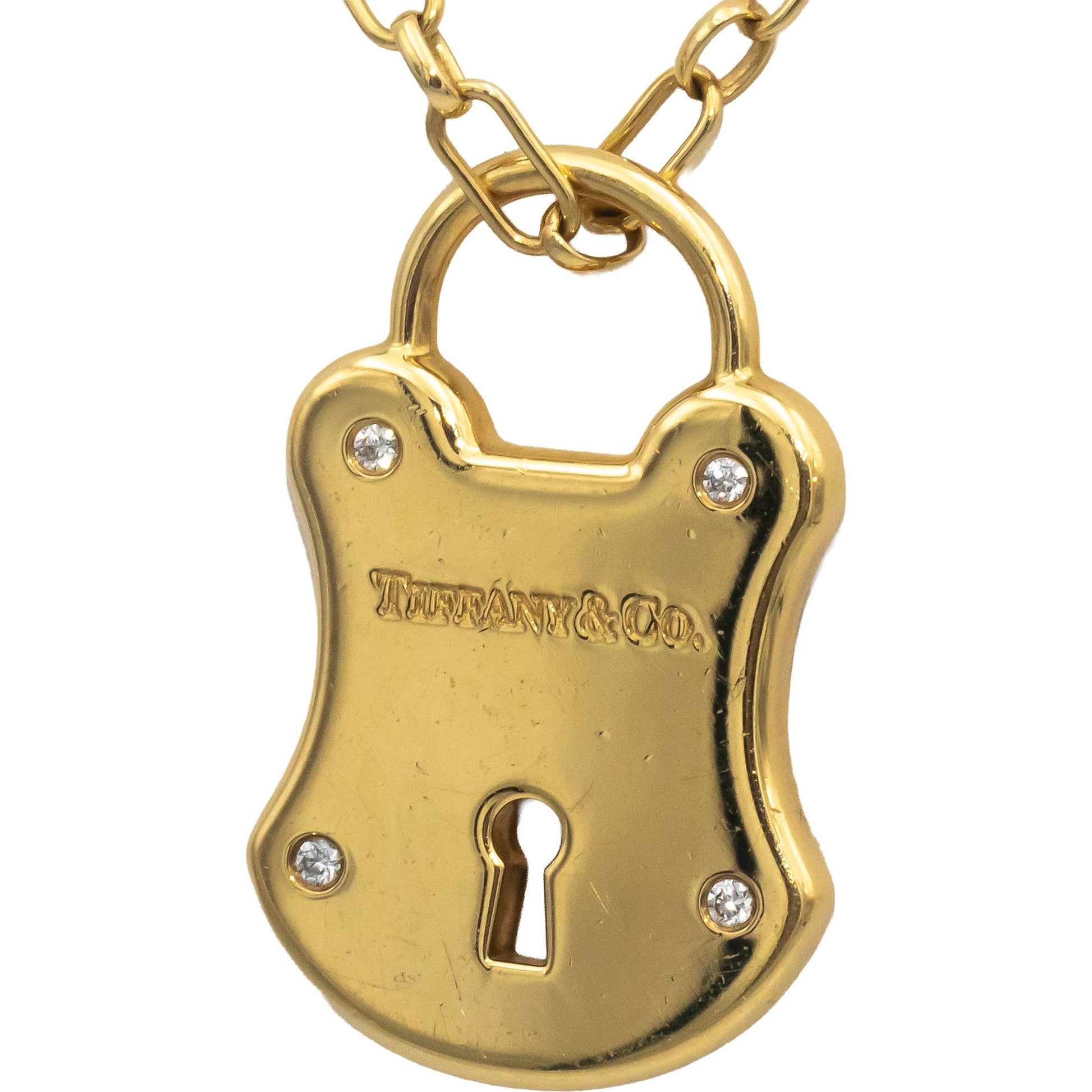 TIFFANY & CO. 18k Yellow Gold Round VS Diamond Padlock Pendant Necklace 0.06CT