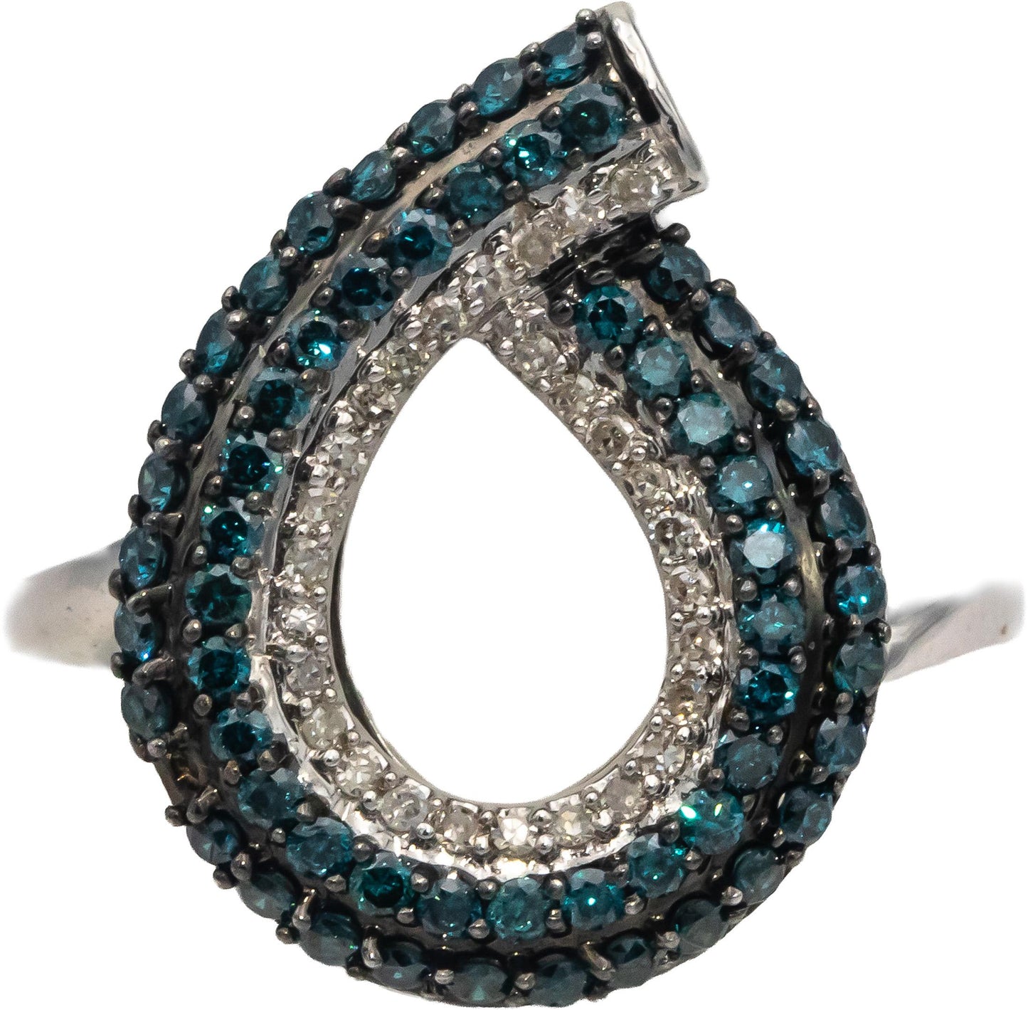 14k White Gold Round White & Blue Diamond Cluster Teardrop Ring 1.0CT Size 7.5