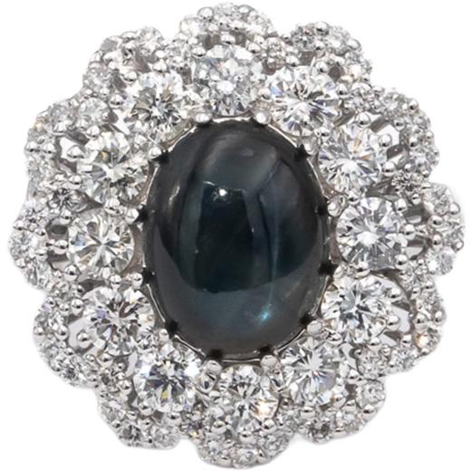 14k White Gold Cabochon Star Sapphire & Diamond Cocktail Ring 5.85CT Size 7