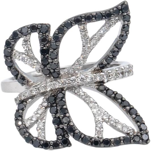 14k White Gold Round White and Black Diamond Butterfly Ring 0.90CT Size 6.5