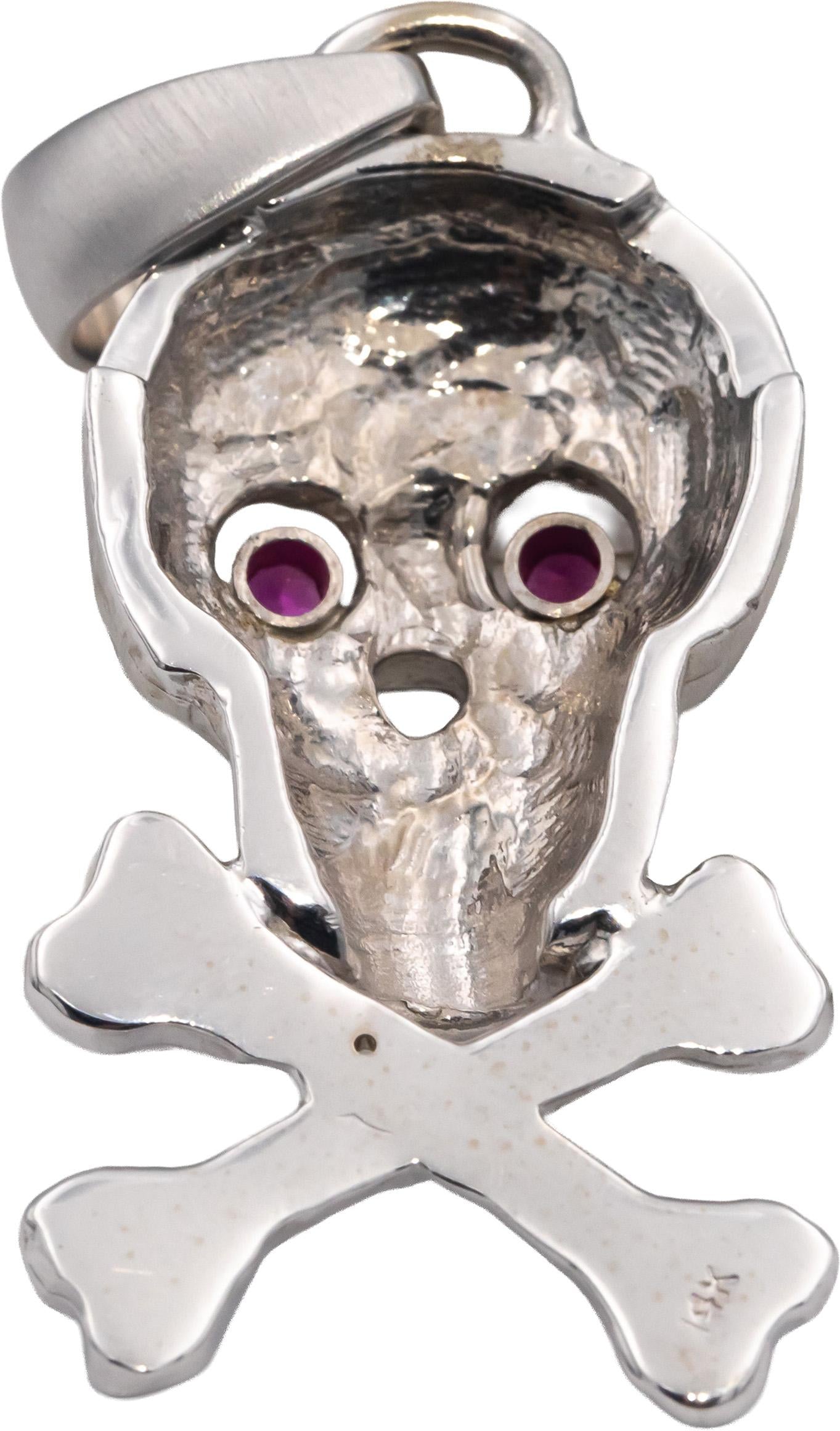 14k White Gold Round Ruby & Diamond Skull & Crossbones Pendant 0.50CTW