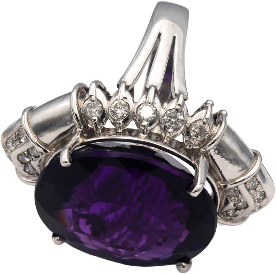 18k White Gold Oval Cut Amethyst Round Diamond Cocktail Ring 23.50CT Size 9