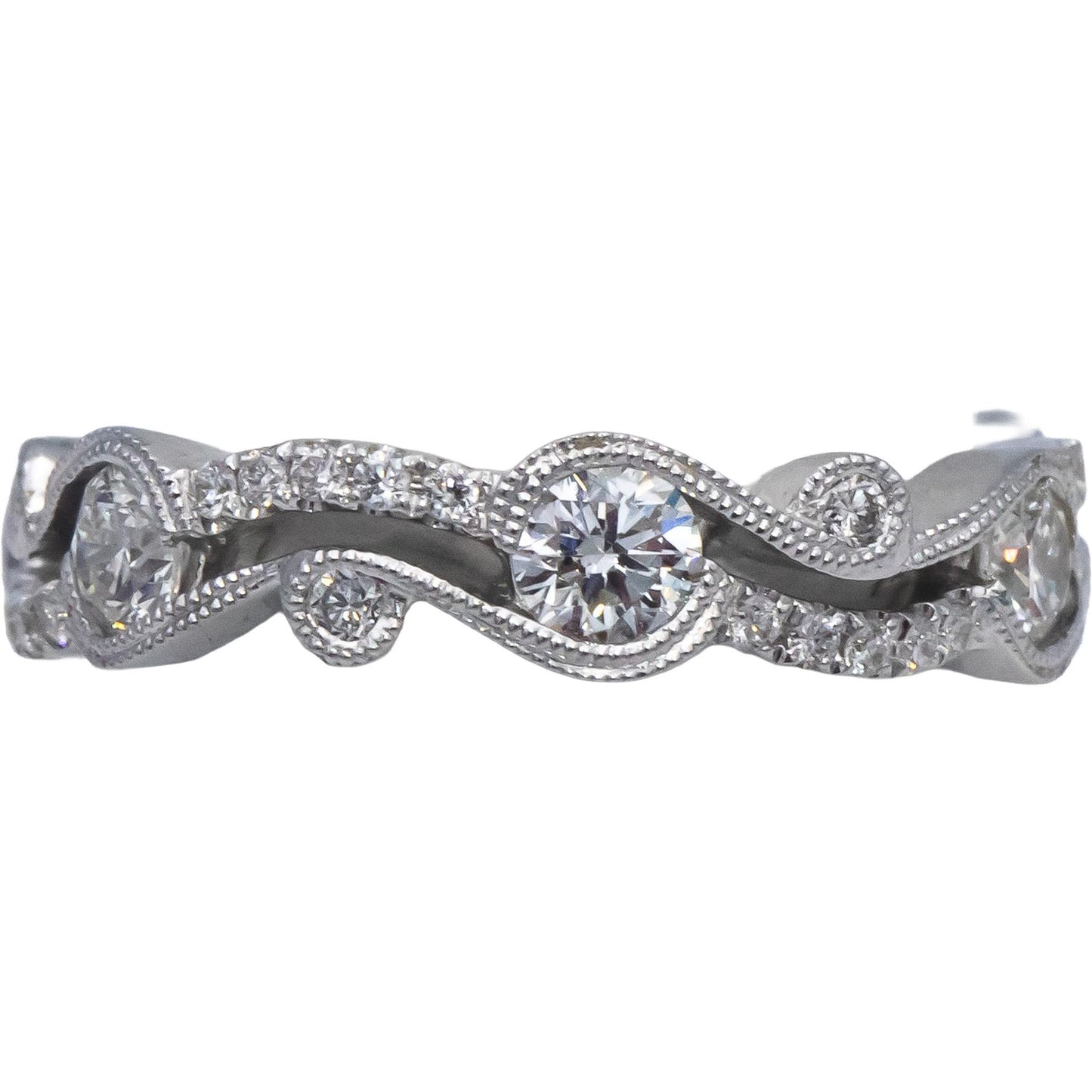 18k White Gold Round Diamond Milgrain Scroll Band Ring 0.60CT Size 6.5