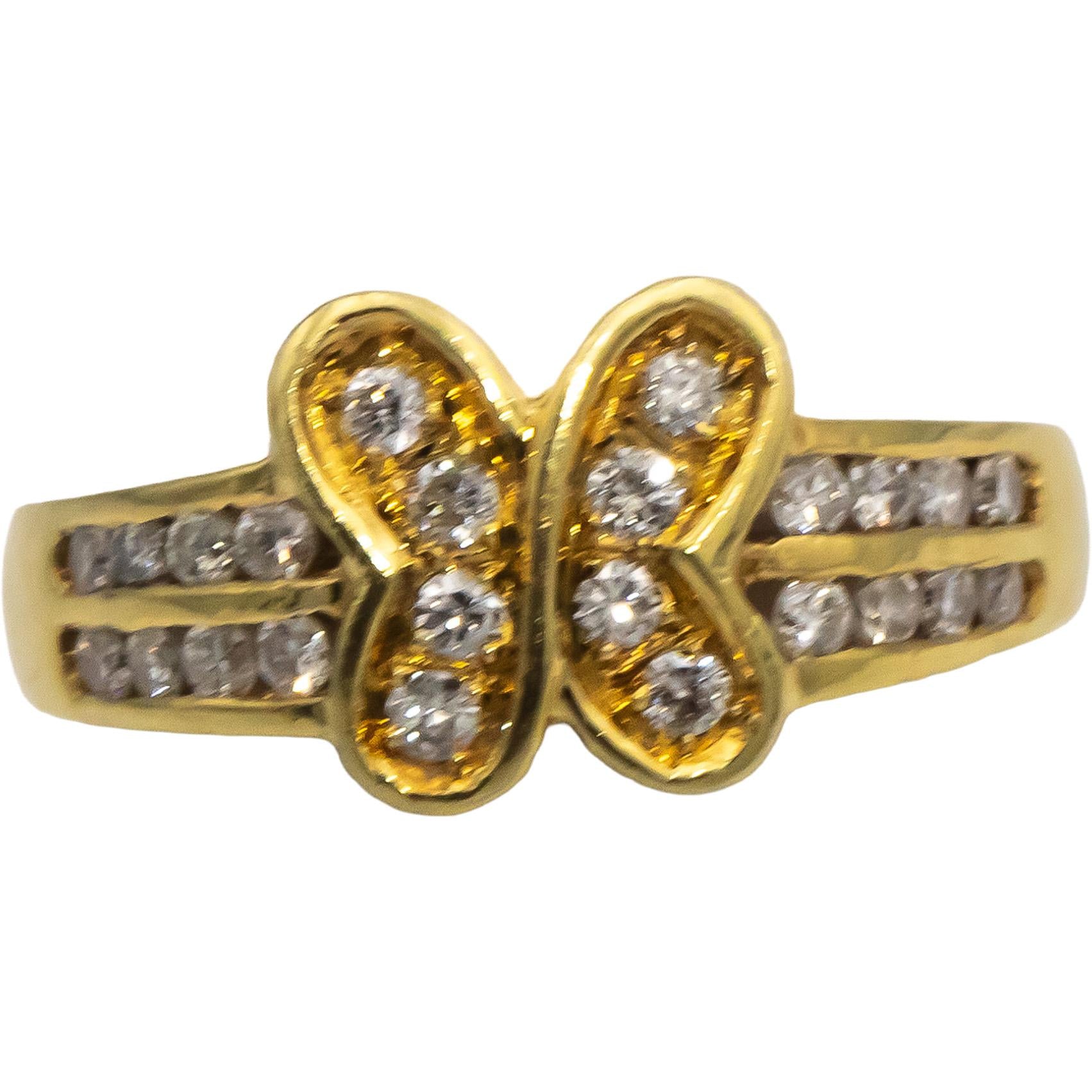 18k Yellow Gold Round Diamond Butterfly Cocktail Ring 0.50CT Size 6.75