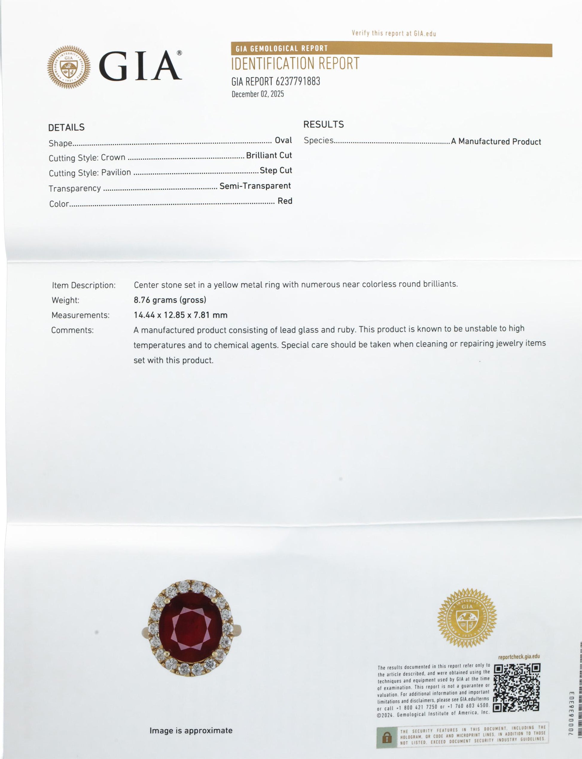 GIA Certified 14k Gold Oval Manufactured Ruby & Round Diamond Ring 13.25CT Sz 7