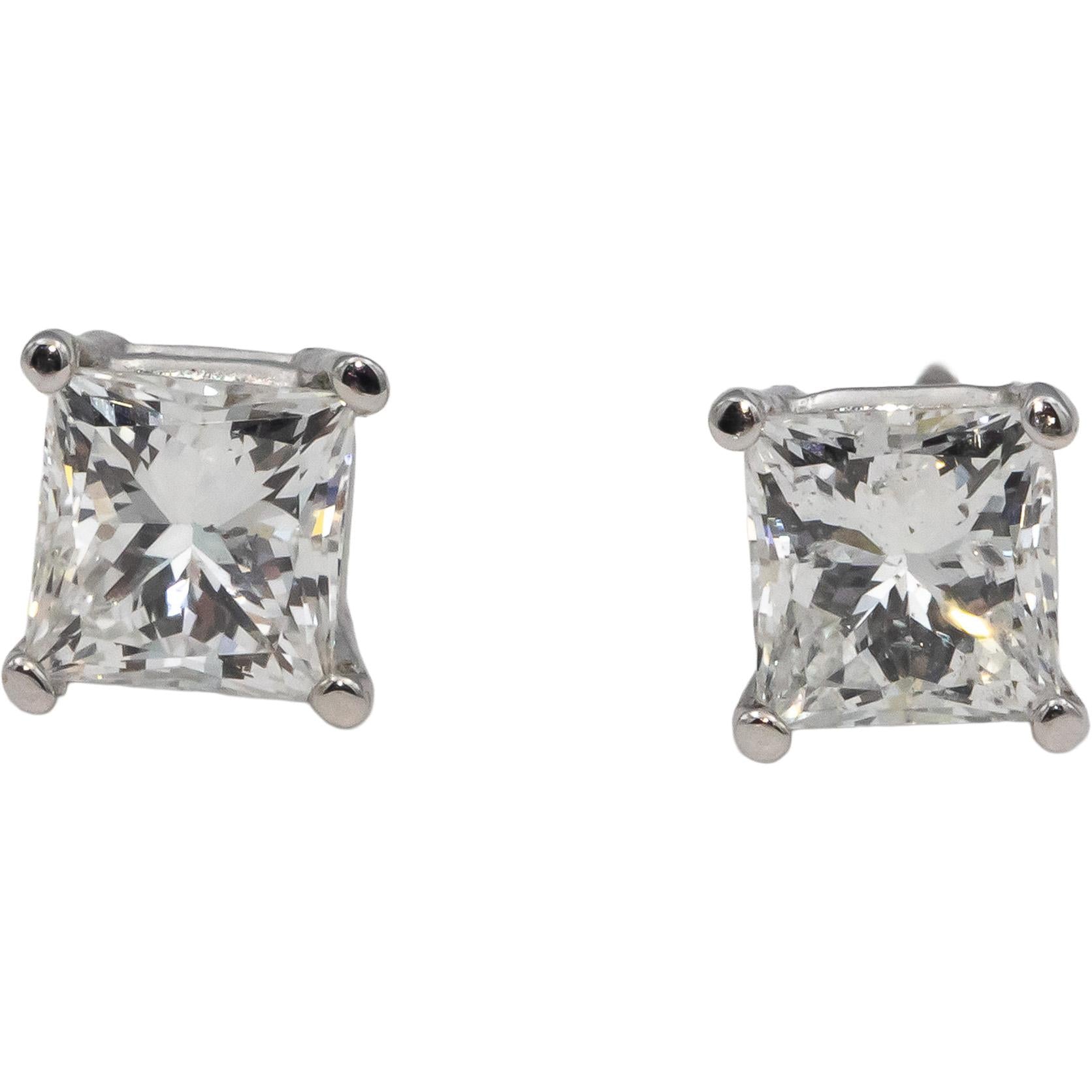 14k White Gold Princess Cut Diamond Stud Earrings 1.61CT