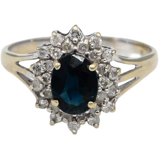 14k White Gold Oval Cut Sapphire Round Diamond Halo Ring 0.75CTW Size 9.75