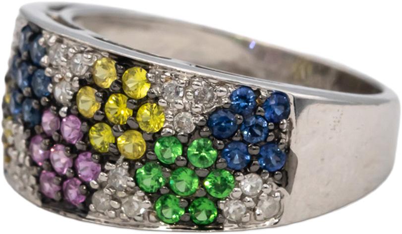 14k White Gold Rainbow Sapphire and Diamond Cluster Band Ring 1.0CT Size 7.25