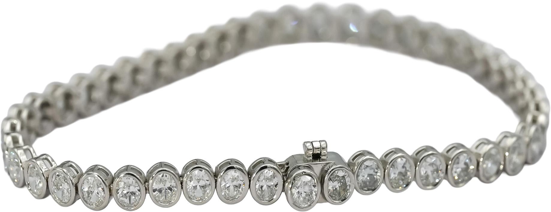 14k White Gold VS Oval Cut Bezel Set Diamond Tennis Bracelet 6.17CT