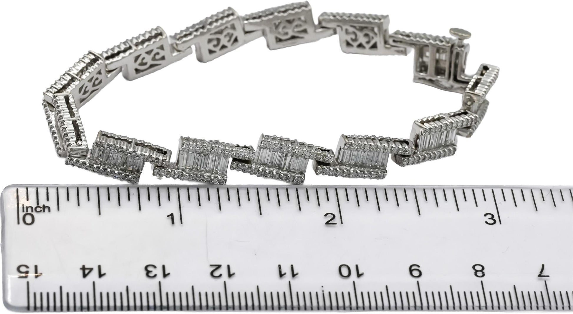 14k White Gold VS Round and Emerald Cut Diamond Fancy Link Bracelet 6.50CT