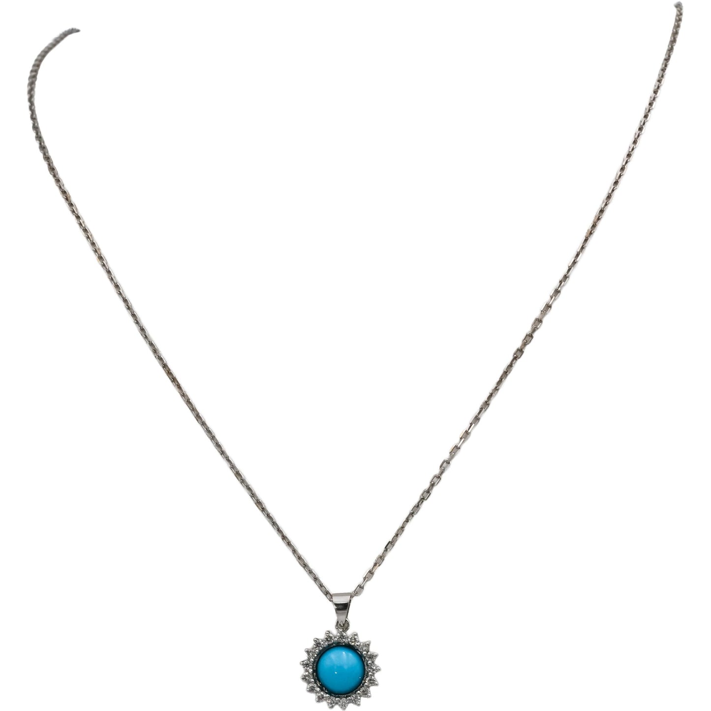 18k White Gold Round Diamond and Cabochon Turquoise Pendant Necklace 0.25CT
