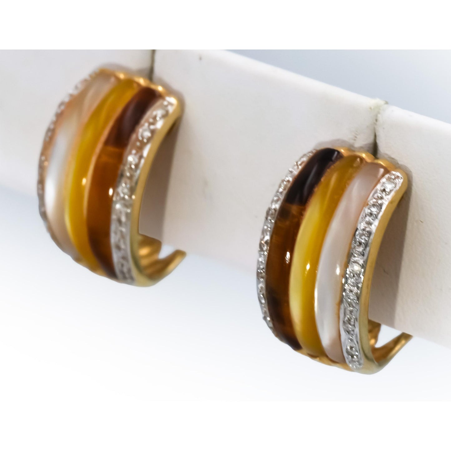 14k Yellow Gold Mother of Pearl and Diamond Curved Earrings
