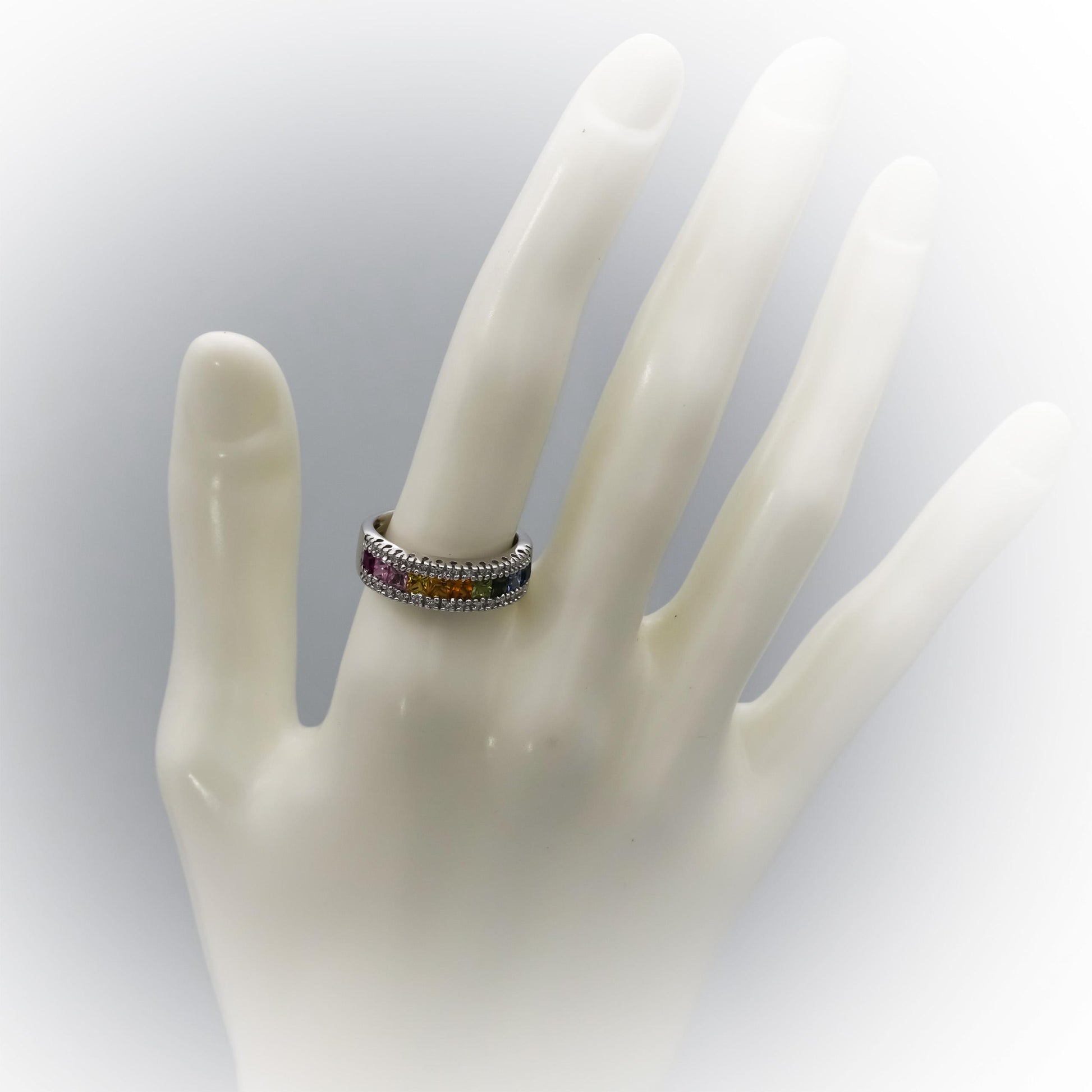 EFFY 14k White Gold Diamond and Multi Color Sapphire Band Ring 1.10CT Size 7