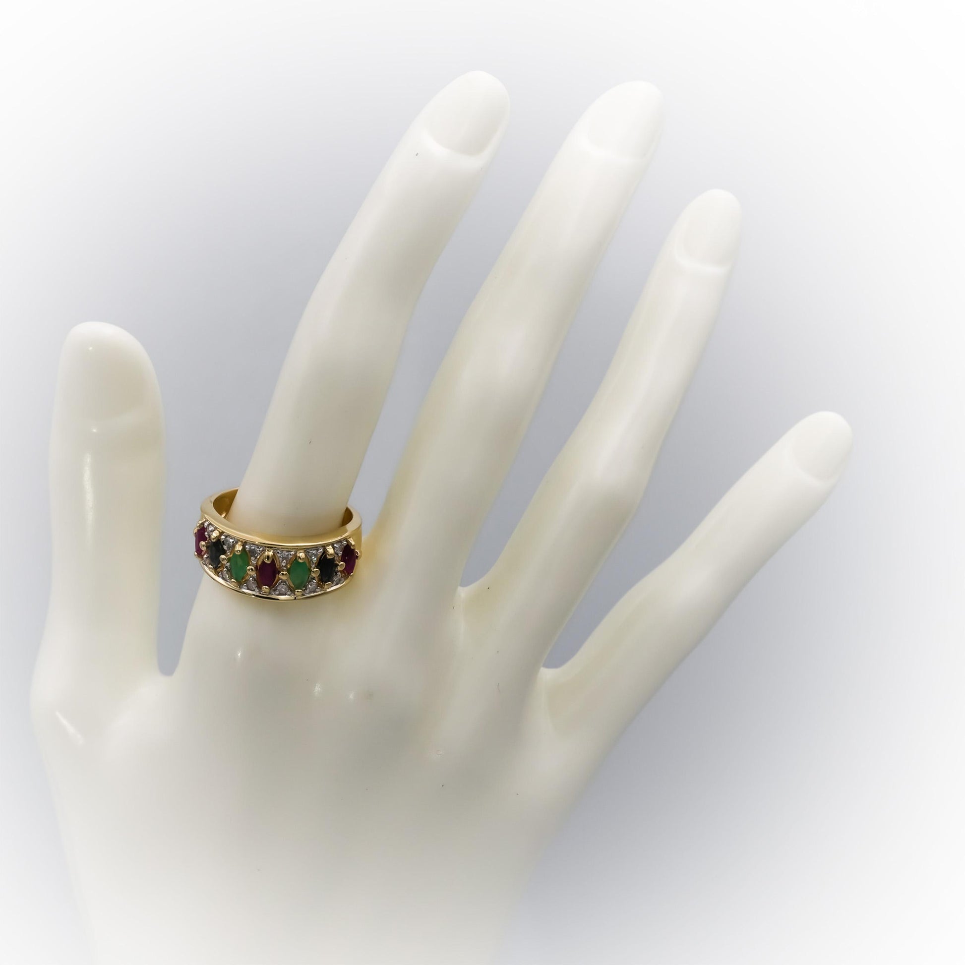 14k Yellow Gold Diamond Ruby Emerald Sapphire Band Ring 1.10CT Size 9