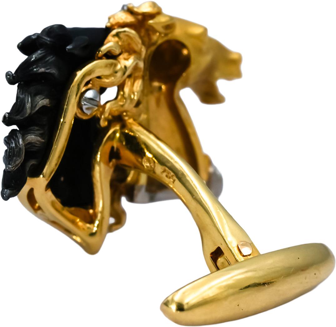 CARRERA Y CARRERA 18k Yellow White Blackened Gold Double Horse Head Cufflinks